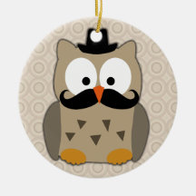 Owl with Moustache and Hat Christmas Ornaments
