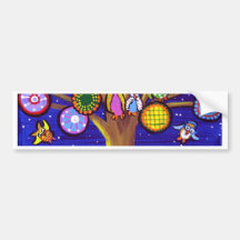 Owls and Blossoms Fun Folk Art Bumper Sticker