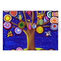 Owls and Blossoms Fun Folk Art Greeting Card