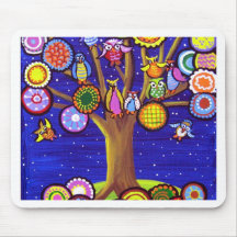 Owls and Blossoms Fun Folk Art Mousemats