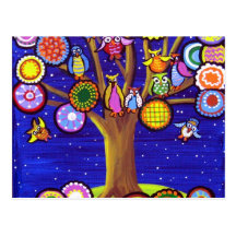Owls and Blossoms Fun Folk Art Post Cards