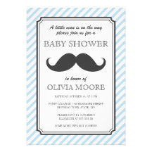Pale blue stripes retro mustache bash baby shower invites