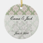 pale pink on sage green ornate damask pattern christmas ornaments