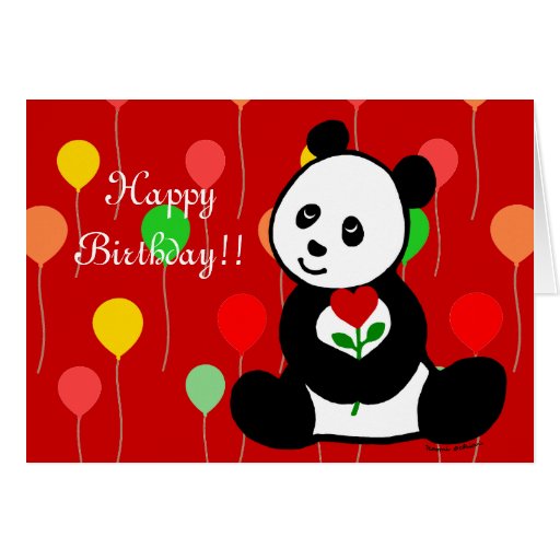 Panda Cartoon and A Heart Flower Birthday Greeting Card