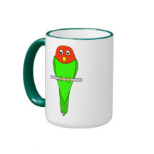 Parakeet Cartoon. Bird on a perch. Coffee Mugs