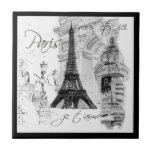 Paris Black & White Eiffel Tower Street Scene Tile