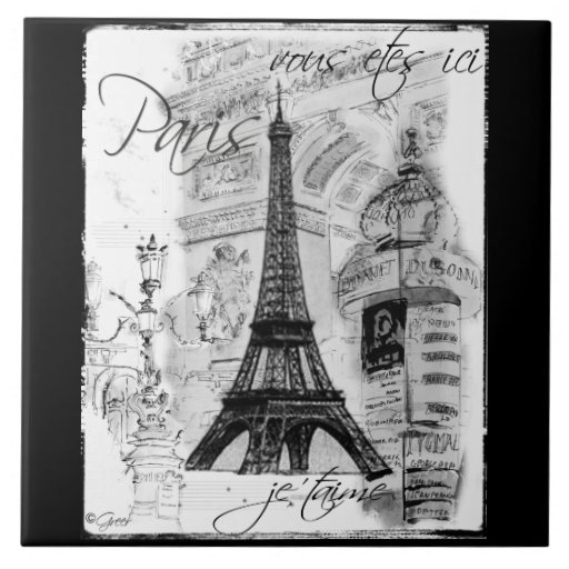 Paris Black & White Eiffel Tower Street Scene Tile