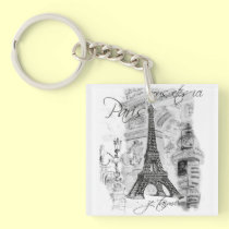 Paris Eiffel Tower Black and White Scene key chains