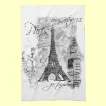 Paris Eiffel Tower Black & White Collage Scene kitchen towels