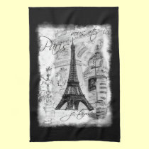 Paris Eiffel Tower Black & White Collage Scene kitchen towels