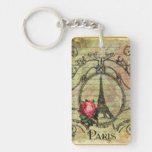 Paris Eiffel Tower & Red Rose Rectangular Acrylic Key Chains