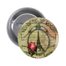 Paris Eiffel Tower & Red Rose Steampunk Pinback Button