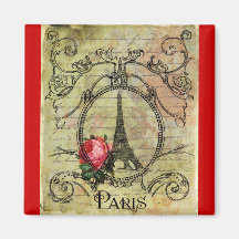 Paris Eiffel Tower & Red Rose Steampunk Fridge Magnet