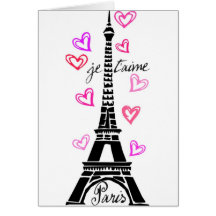 PARIS JE T'AIME EIFFEL AND PINK HEARTS GREETING CARD