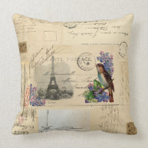Paris Postcard Bird on Lilacs Pillow