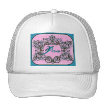 PARIS TEAL ON PARISIAN PINK BAROQUE PRINT TRUCKER HAT