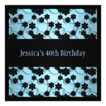 Pastel Blue & Black Flowers 40th Birthday Personalized Announcements
