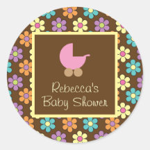 Pastel Daisy Pattern Brown with Pink Baby Carriage Round Sticker