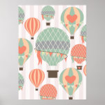 Pastel Hot Air Balloons Rising Pink Striped Sky Posters