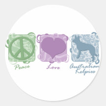 Pastel Peace, Love, and Australian Kelpies Round Stickers