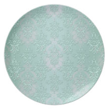 Pastel Teal Blue Green Damask Dinner Plate