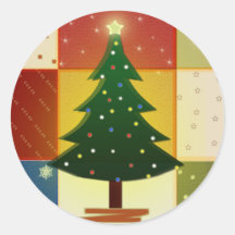 Patchwork Christmas tree Round Stickers