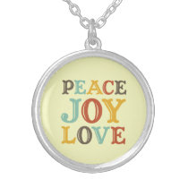 PEACE JOY LOVE woodcut style letter inspirational necklaces