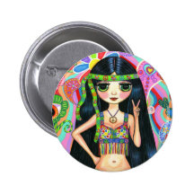 Peace Sign Hippie Girl Button