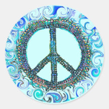 Peace Sign With Blue Waves Round Sticker