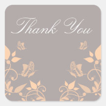 Peach Butterfly Floral Thank You Stickers