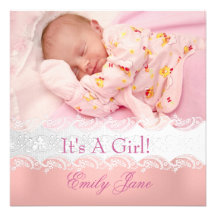 Peach Pink New Baby Girl Anouncement Photo Personalized Announcement