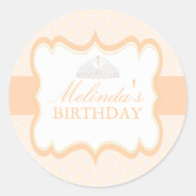 Peach Princess Tiara Girls Birthday Sticker