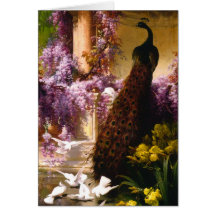 Peacock and Doves in a Garden Card