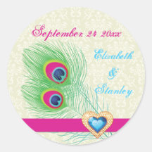 Peacock feather jewel heart wedding Save the Date Sticker