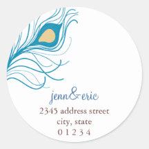Peacock Feather Return Address Wedding labels Round Sticker