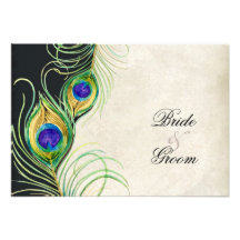 Peacock Feathers Black Damask RSVP Response Card Invite