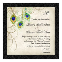 Peacock Feathers Black Damask Wedding Stationery Announcements