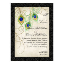 Peacock Feathers Black Damask Wedding Stationery Personalized Announcements
