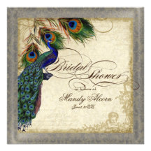 Peacock & Feathers Bridal Shower Silver Metallic Custom Invites