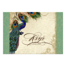 Peacock & Feathers Formal RSVP Response Green Tan Personalized Invitations