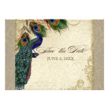Peacock & Feathers Formal Save the Date Taupe Tan Personalized Announcement