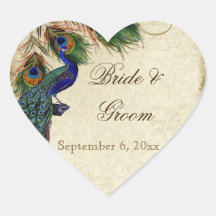 Peacock & Feathers Formal Wedding Favour Seals Tag Heart Sticker