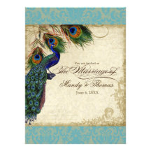 Peacock & Feathers Formal Wedding Invite Aqua Blue