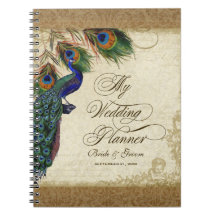 Peacock & Feathers Vintage Gold Look Damask  Swirl Spiral Notebook