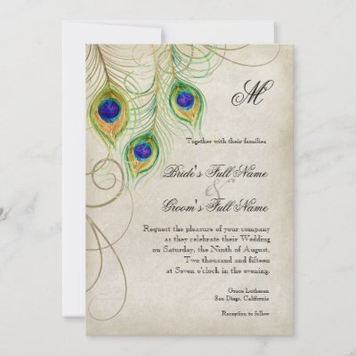wedding invitations purple/lime green peacock feathers
