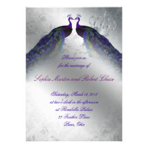 Peacock Wedding Invite Indigo Vintage Silver