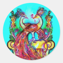 PEACOCKS IN LOVE  MONOGRAM red blue turquase green Round Sticker