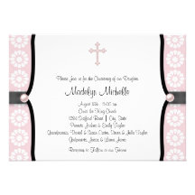 Pearl Cross Pink Flower Christening Custom Invites