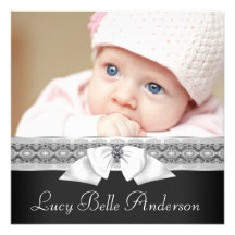 Pearl Lace Black White Baby Girl Photo Birth Custom Invitations