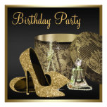 Pearls High Heel Shoes Black Gold Womans Birthday Invitations